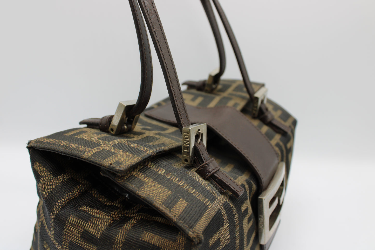 Fendi Brown Zucca Canvas Leather Baguette Shoulder Bag