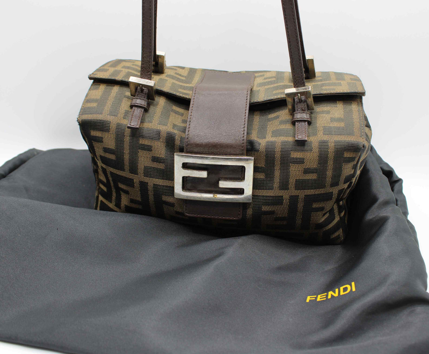 Fendi Brown Zucca Canvas Leather Baguette Shoulder Bag