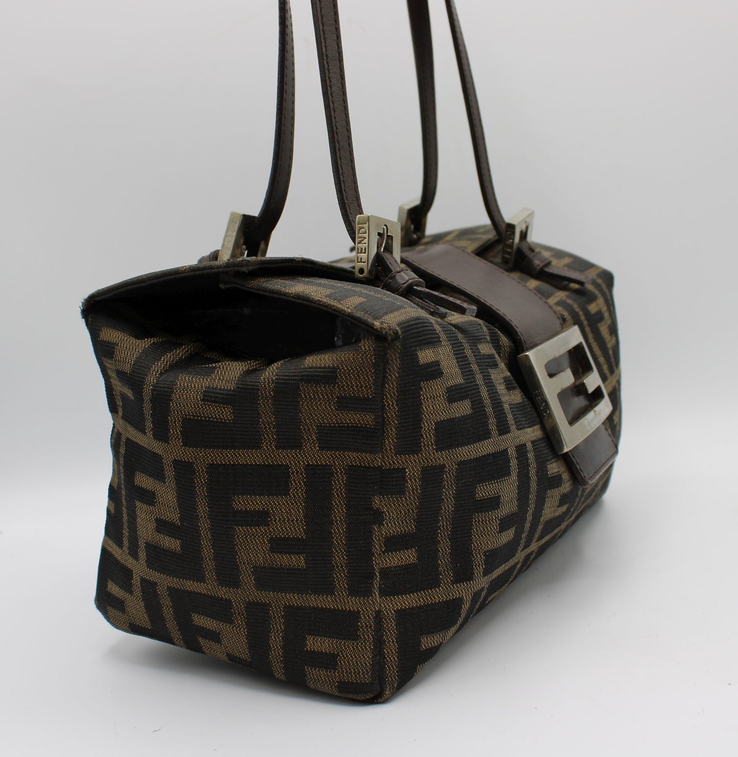 Fendi Brown Zucca Canvas Leather Baguette Shoulder Bag