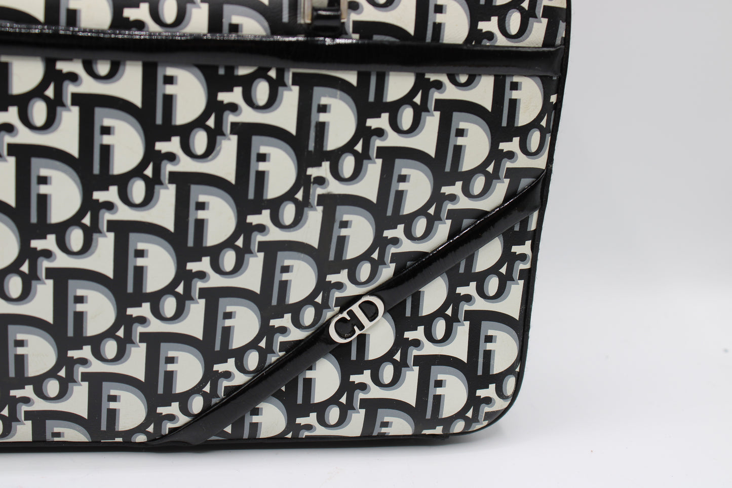 Christian Dior Black White Monogram Patent Leather Flat Boston Bag