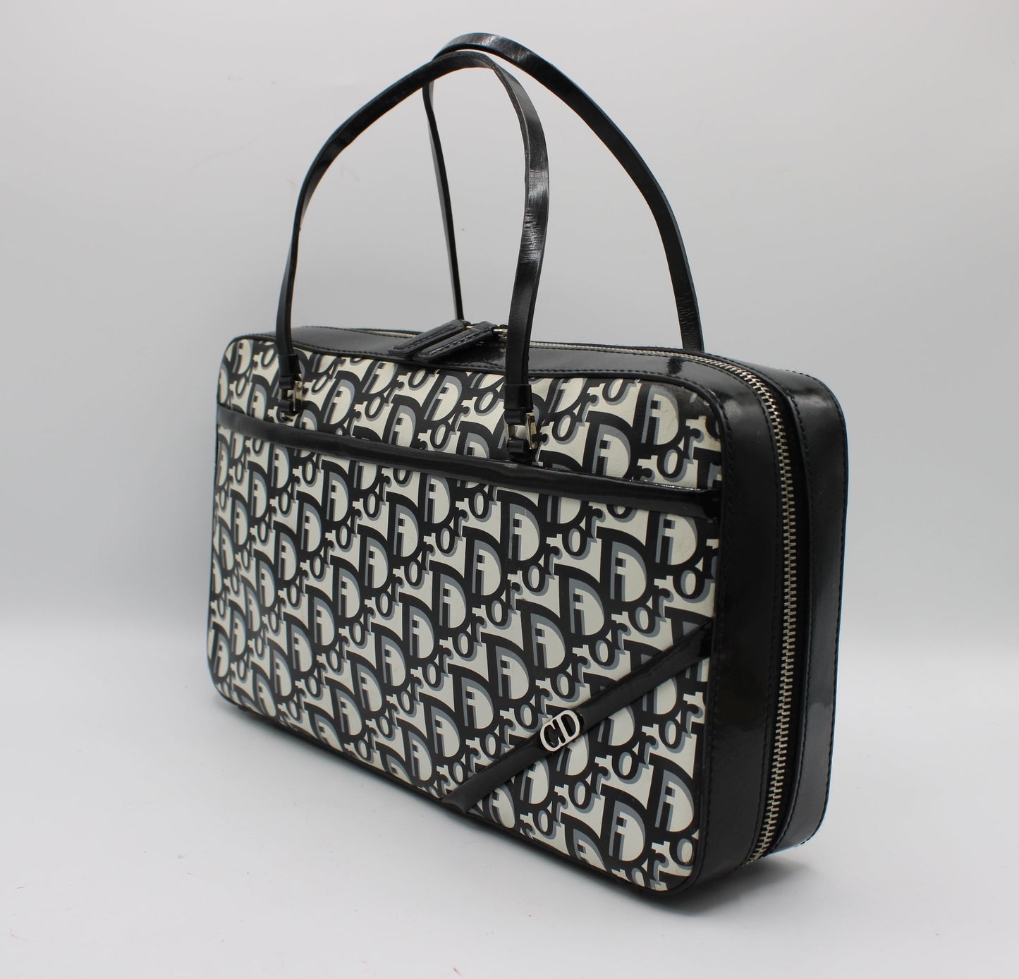 Christian Dior Black White Monogram Patent Leather Flat Boston Bag
