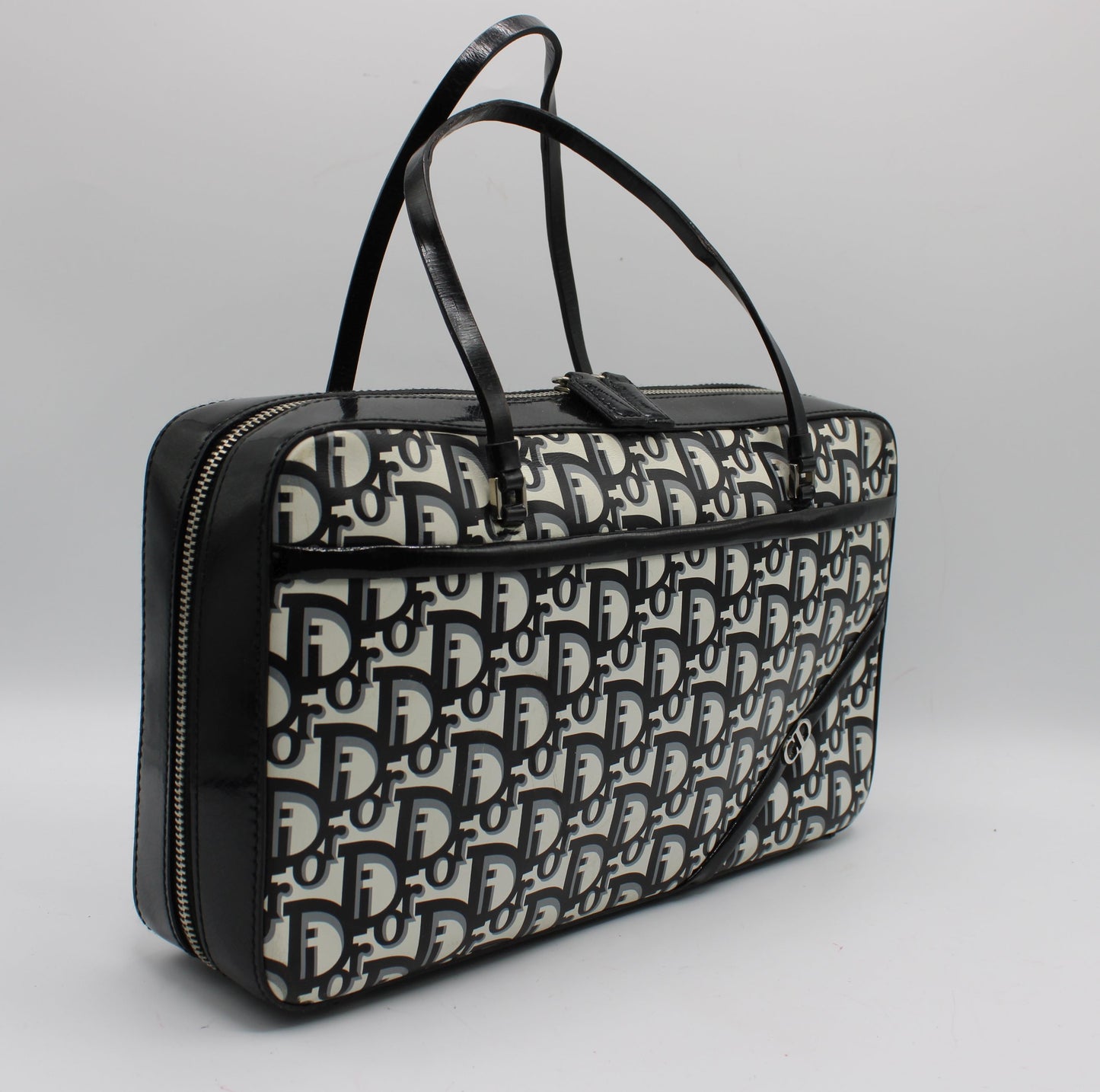 Christian Dior Black White Monogram Patent Leather Flat Boston Bag