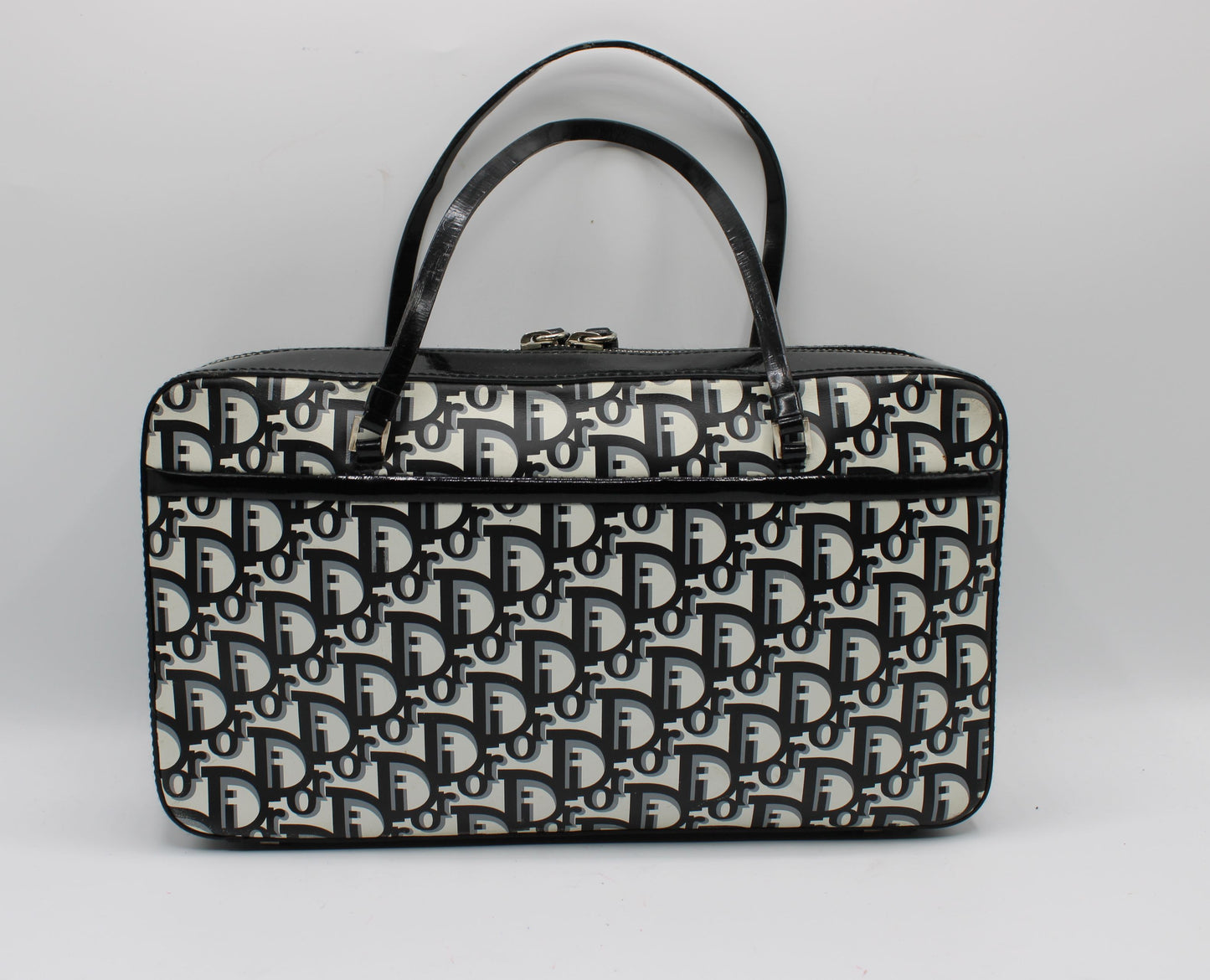 Christian Dior Black White Monogram Patent Leather Flat Boston Bag