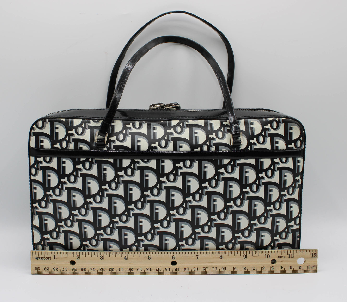 Christian Dior Black White Monogram Patent Leather Flat Boston Bag