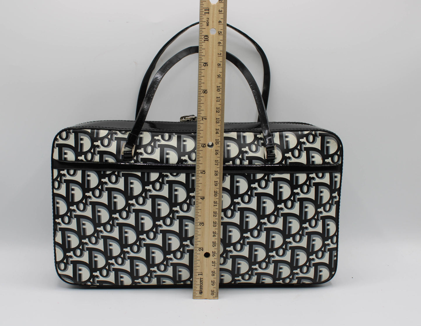 Christian Dior Black White Monogram Patent Leather Flat Boston Bag