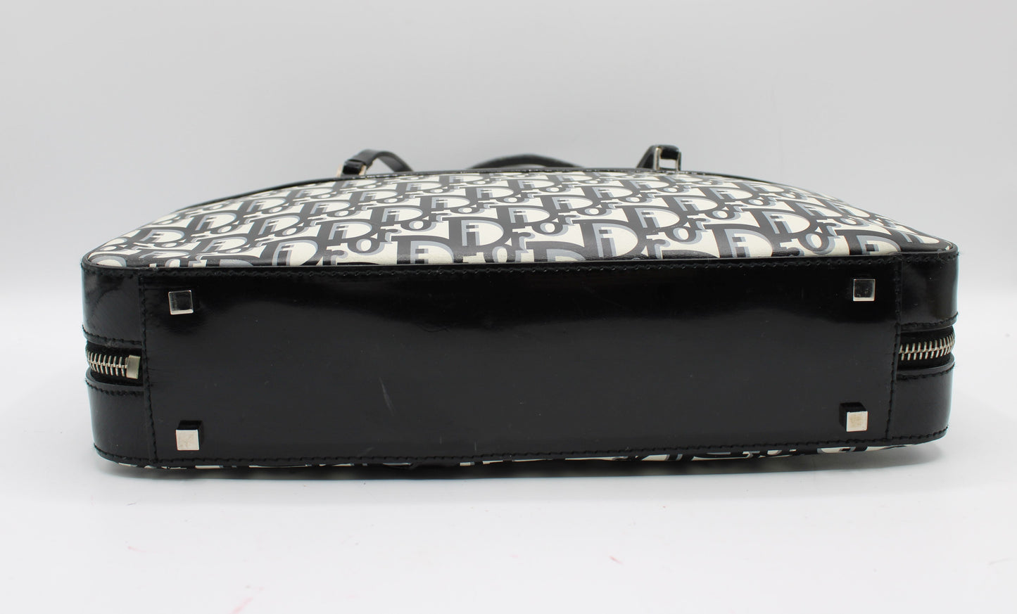 Christian Dior Black White Monogram Patent Leather Flat Boston Bag