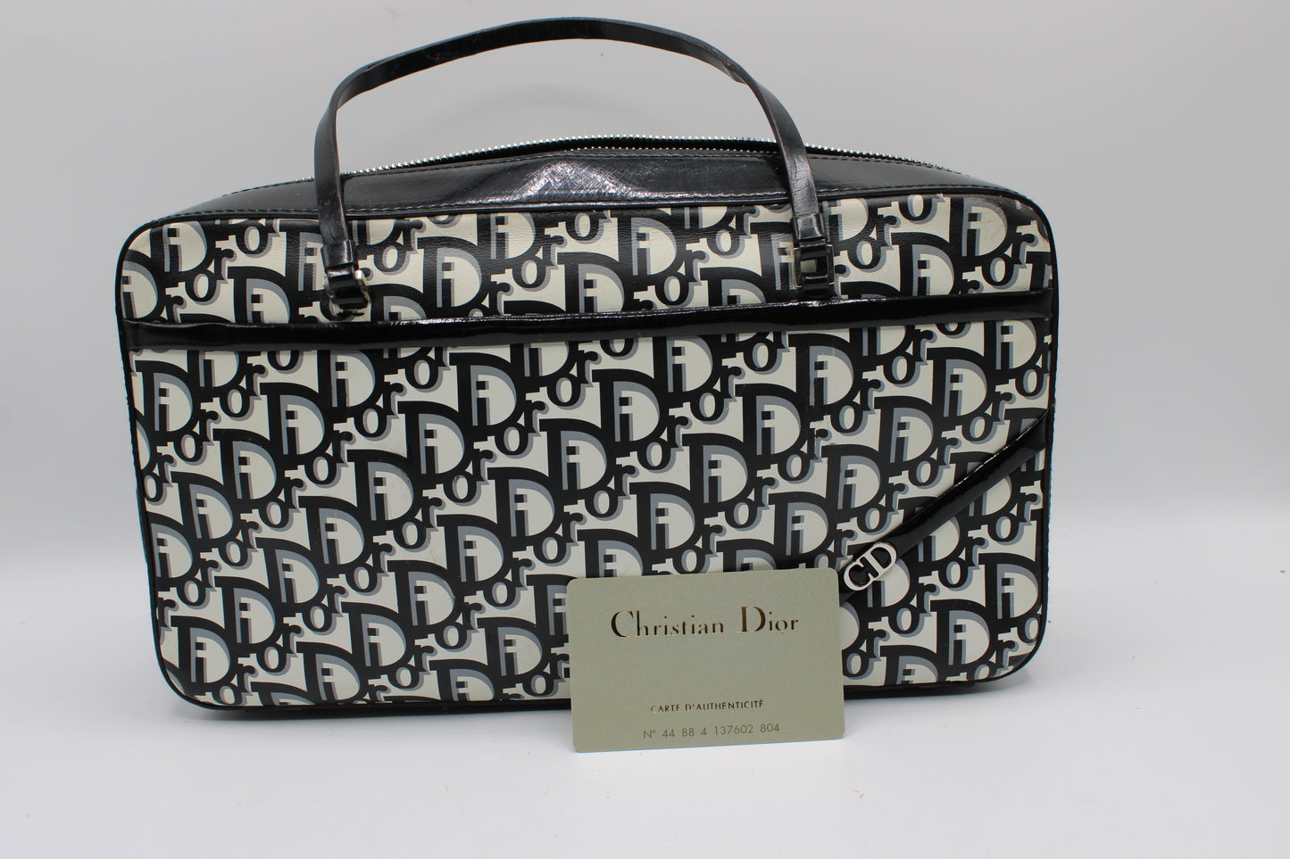 Christian Dior Black White Monogram Patent Leather Flat Boston Bag