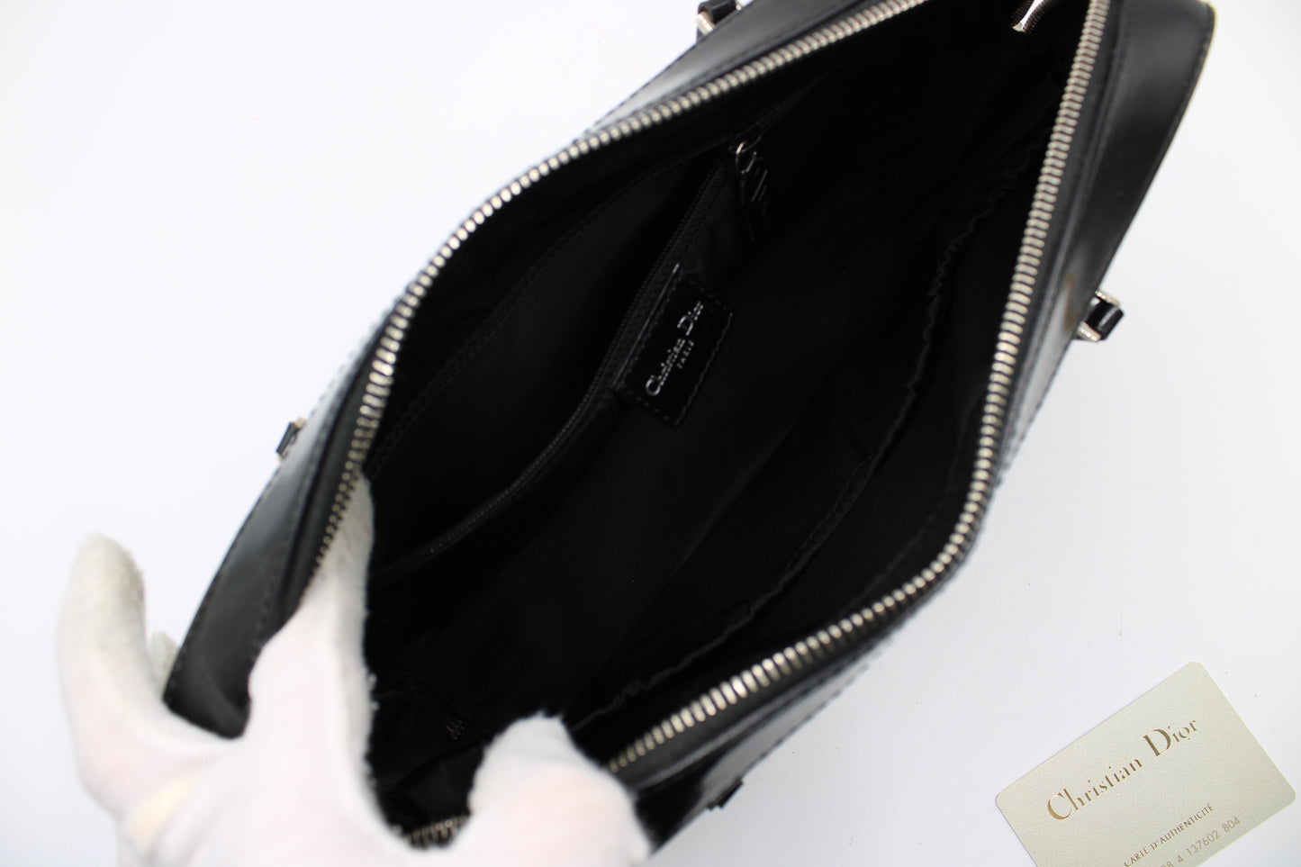 Christian Dior Black White Monogram Patent Leather Flat Boston Bag