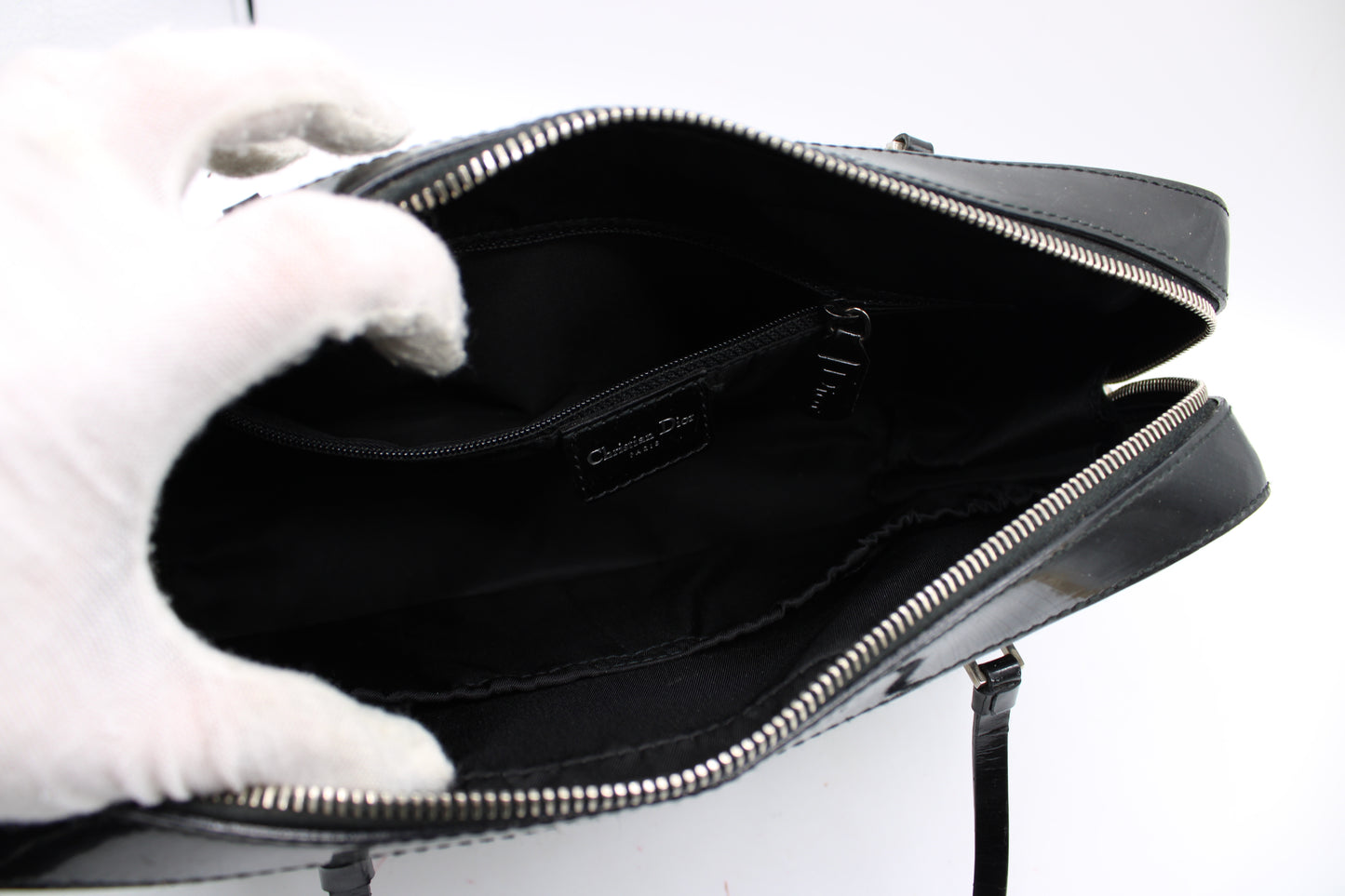 Christian Dior Black White Monogram Patent Leather Flat Boston Bag