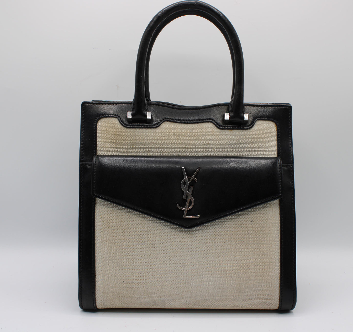 Saint Laurent Black Leather Canvas Cassandra Tote Bag