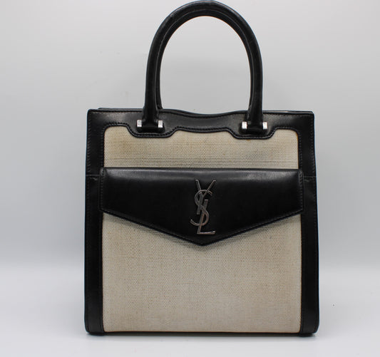 Saint Laurent Black Leather Canvas Cassandra Tote Bag