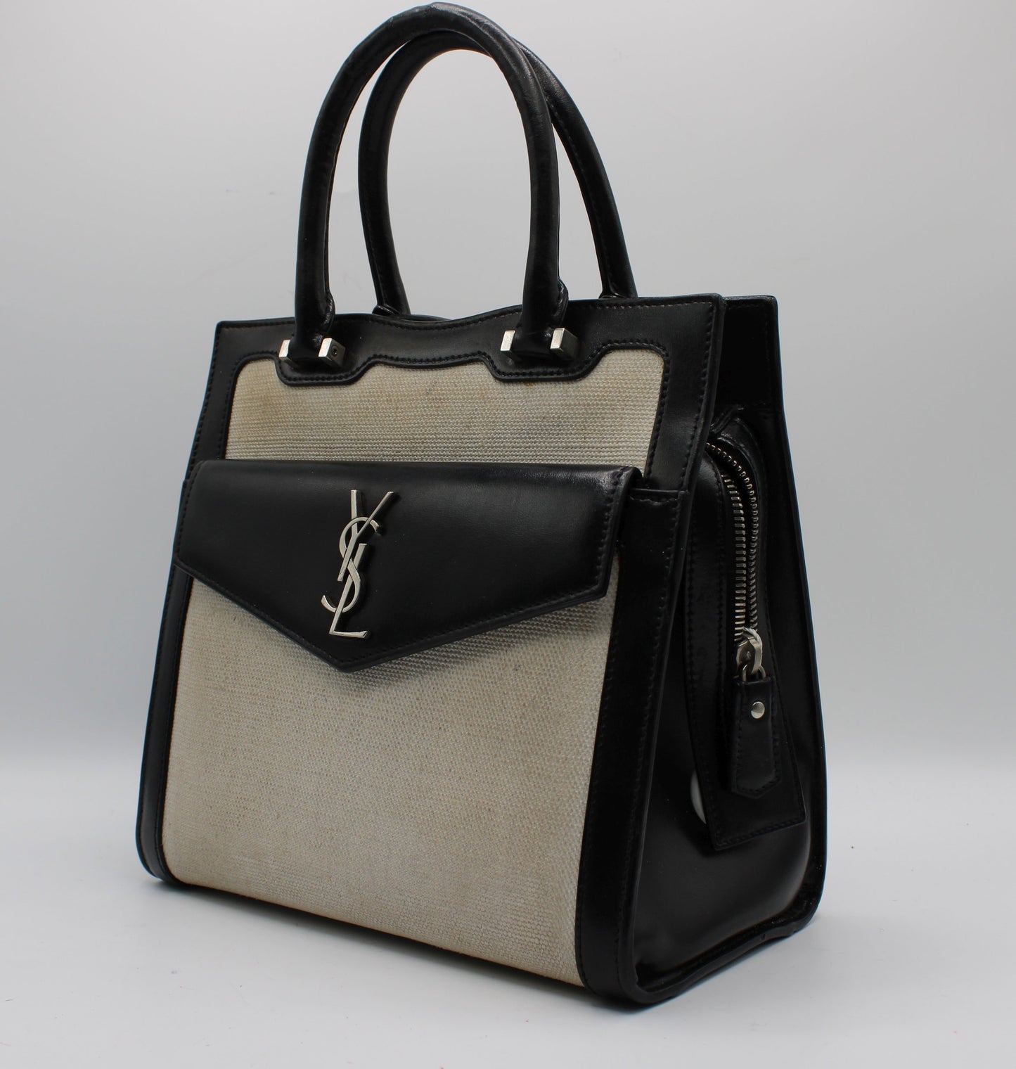 Saint Laurent Black Leather Canvas Cassandra Tote Bag
