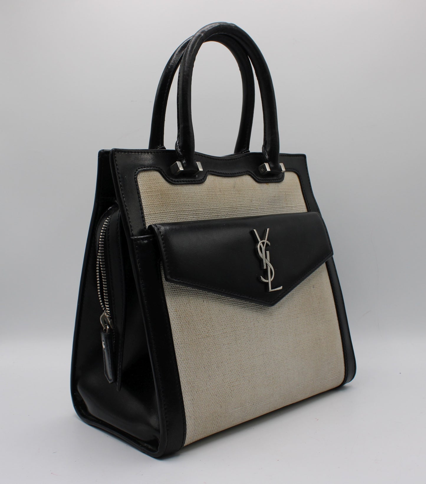 Saint Laurent Black Leather Canvas Cassandra Tote Bag