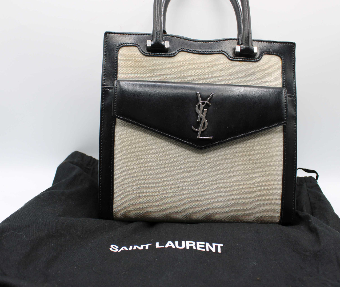 Saint Laurent Black Leather Canvas Cassandra Tote Bag