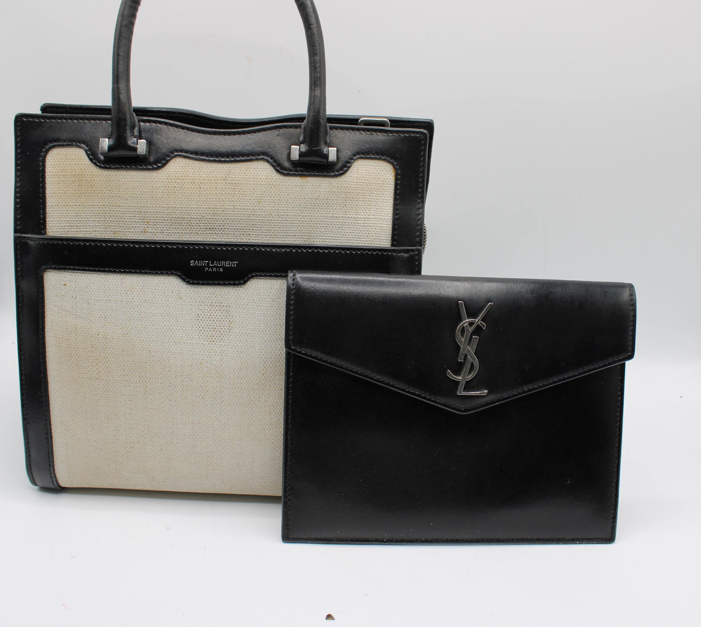 Saint Laurent Black Leather Canvas Cassandra Tote Bag