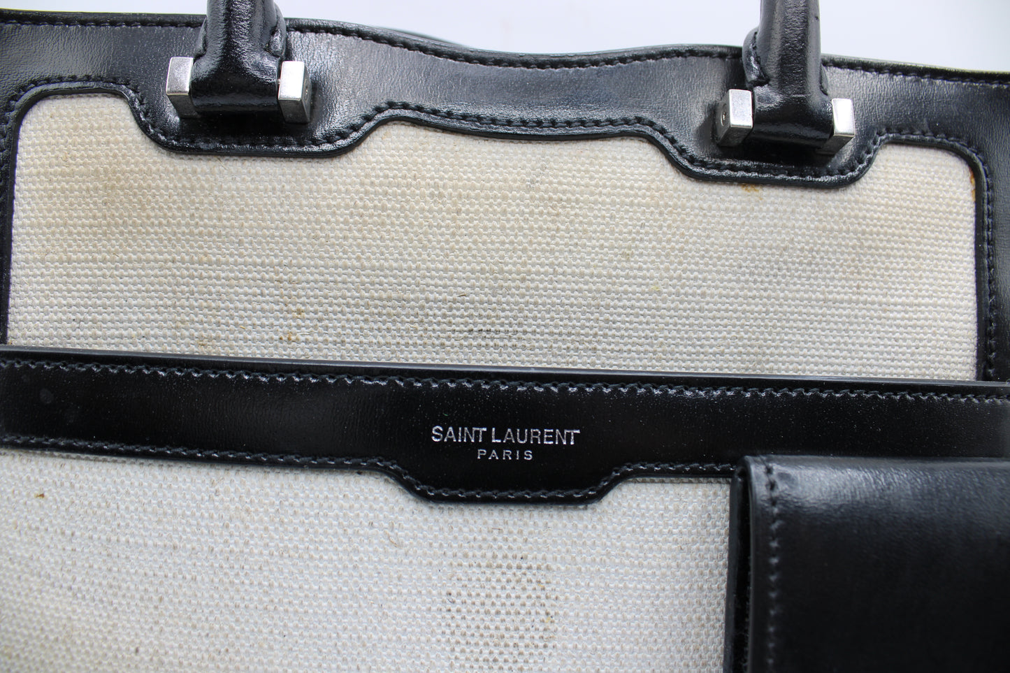 Saint Laurent Black Leather Canvas Cassandra Tote Bag