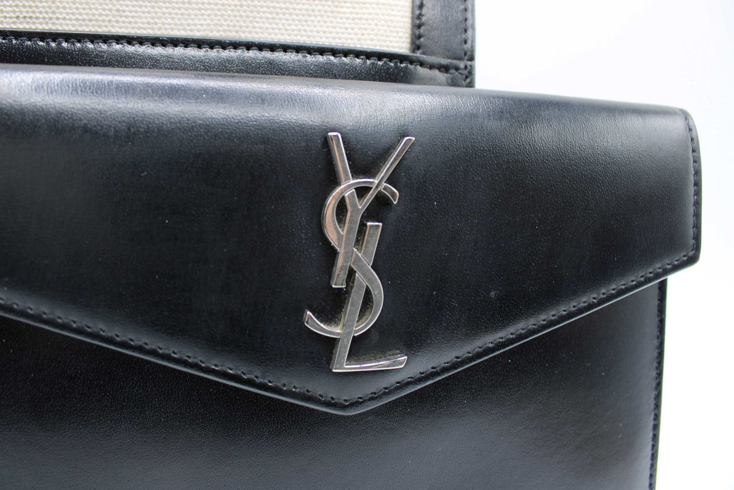 Saint Laurent Black Leather Canvas Cassandra Tote Bag