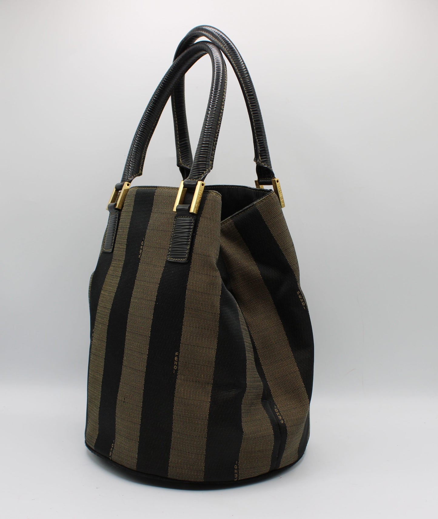 Fendi Brown Black Pequin Stripe Canvas Leather Tote Bag