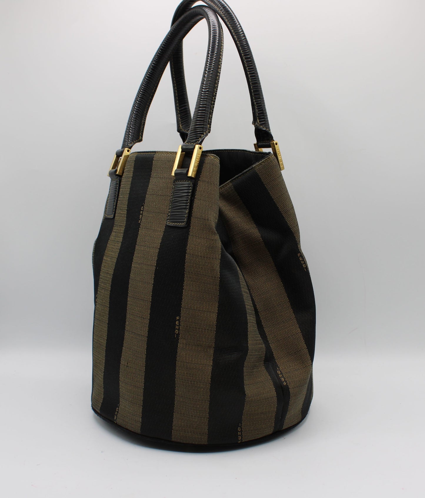 Fendi Brown Black Pequin Stripe Canvas Leather Tote Bag