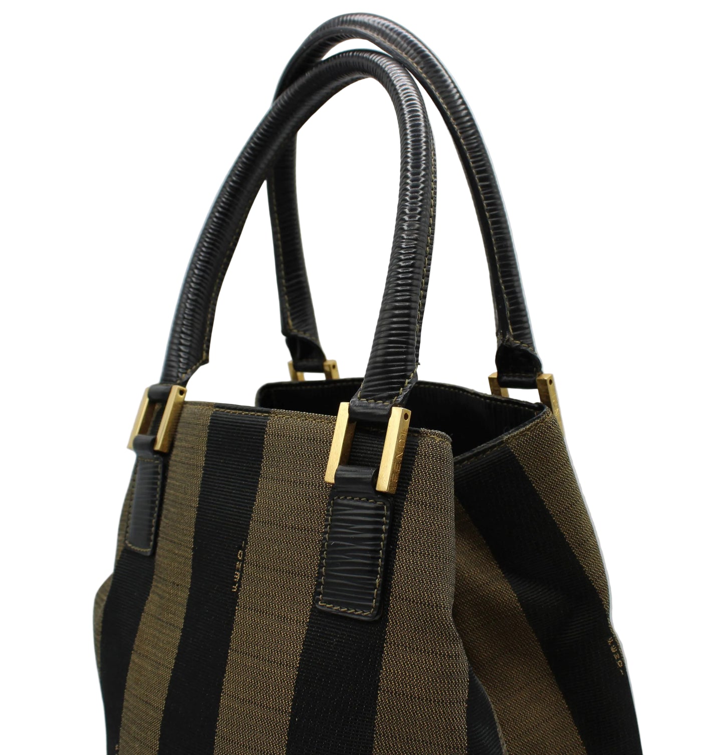 Brown and black striped handbag with gold accents on a light gray background