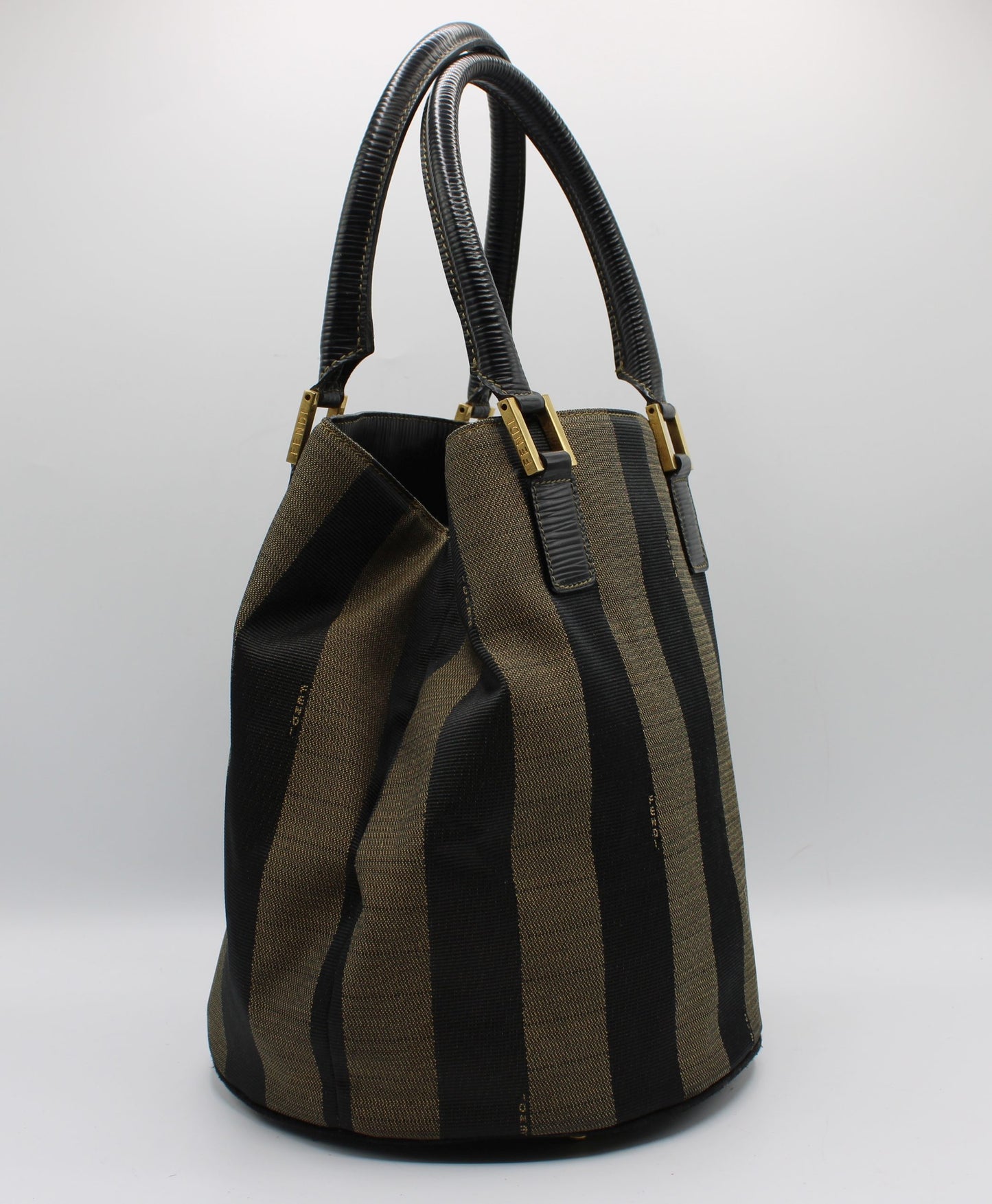 Fendi Brown Black Pequin Stripe Canvas Leather Tote Bag