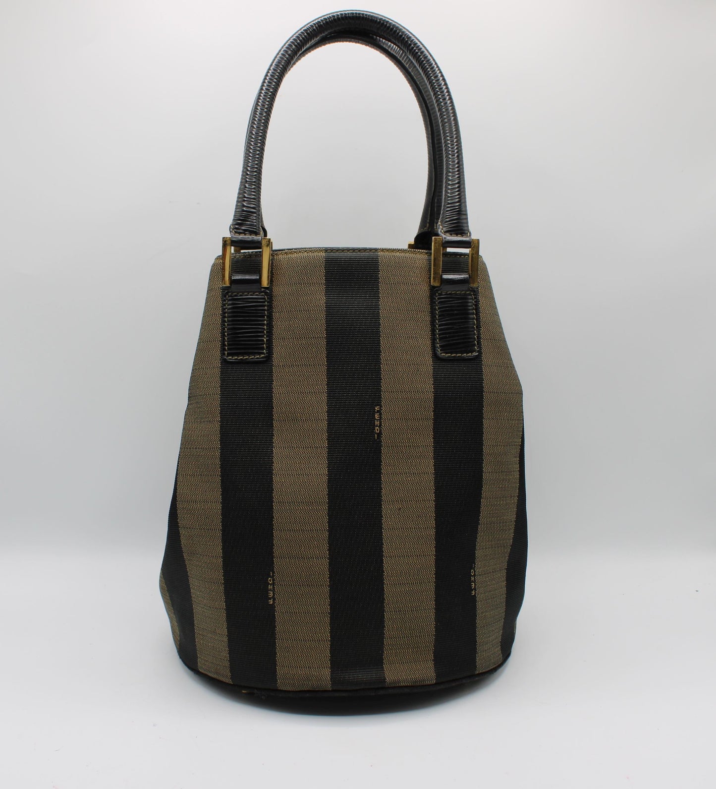 Fendi Brown Black Pequin Stripe Canvas Leather Tote Bag