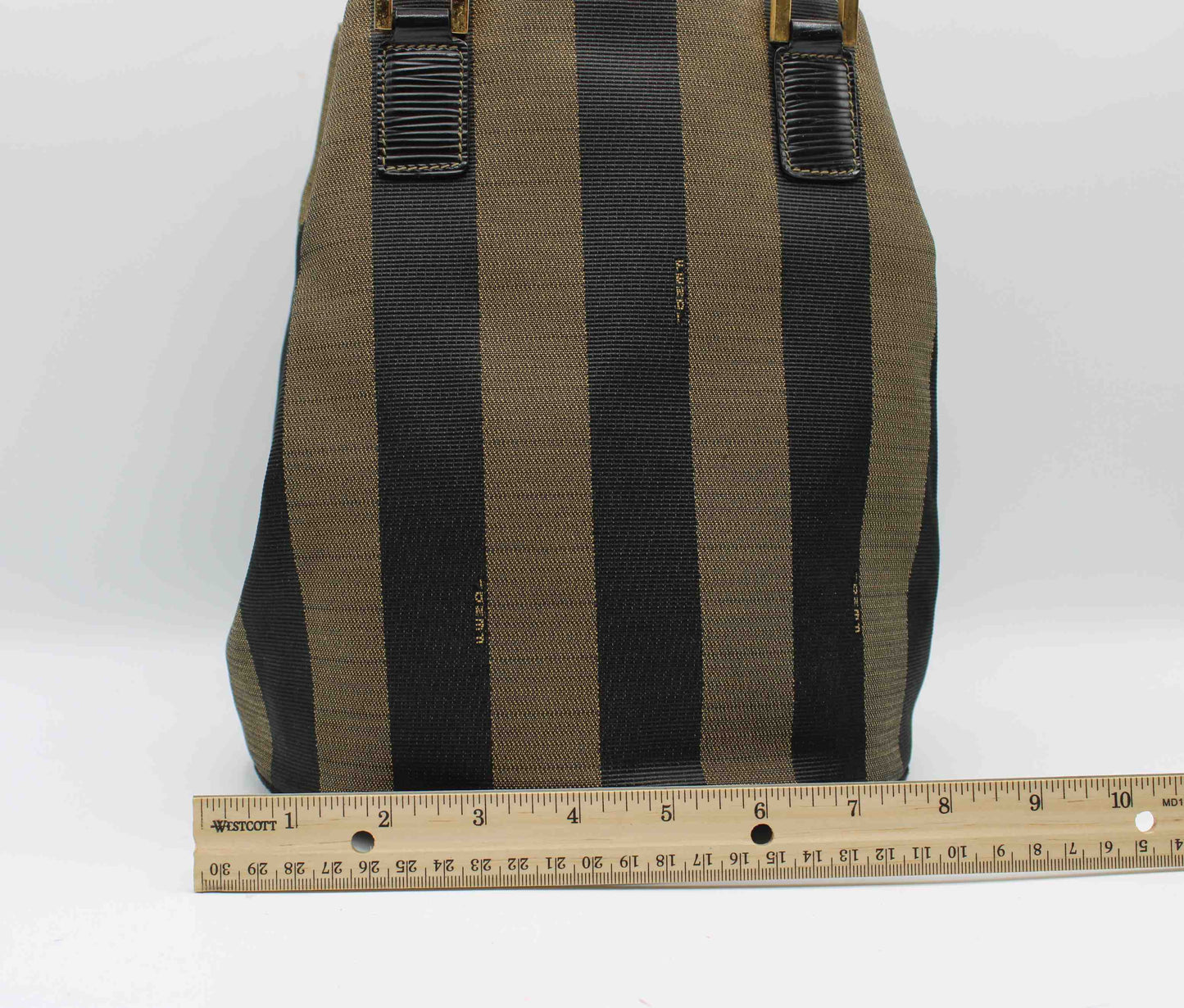 Fendi Brown Black Pequin Stripe Canvas Leather Tote Bag