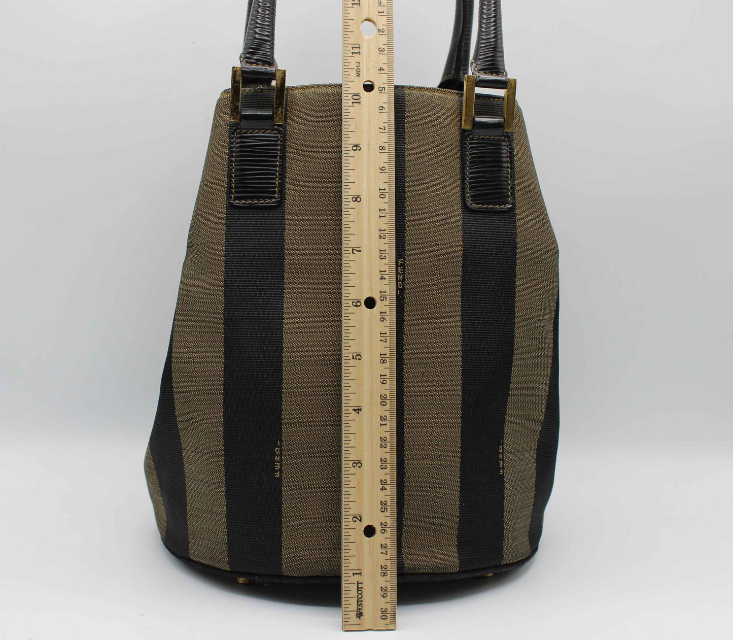 Fendi Brown Black Pequin Stripe Canvas Leather Tote Bag