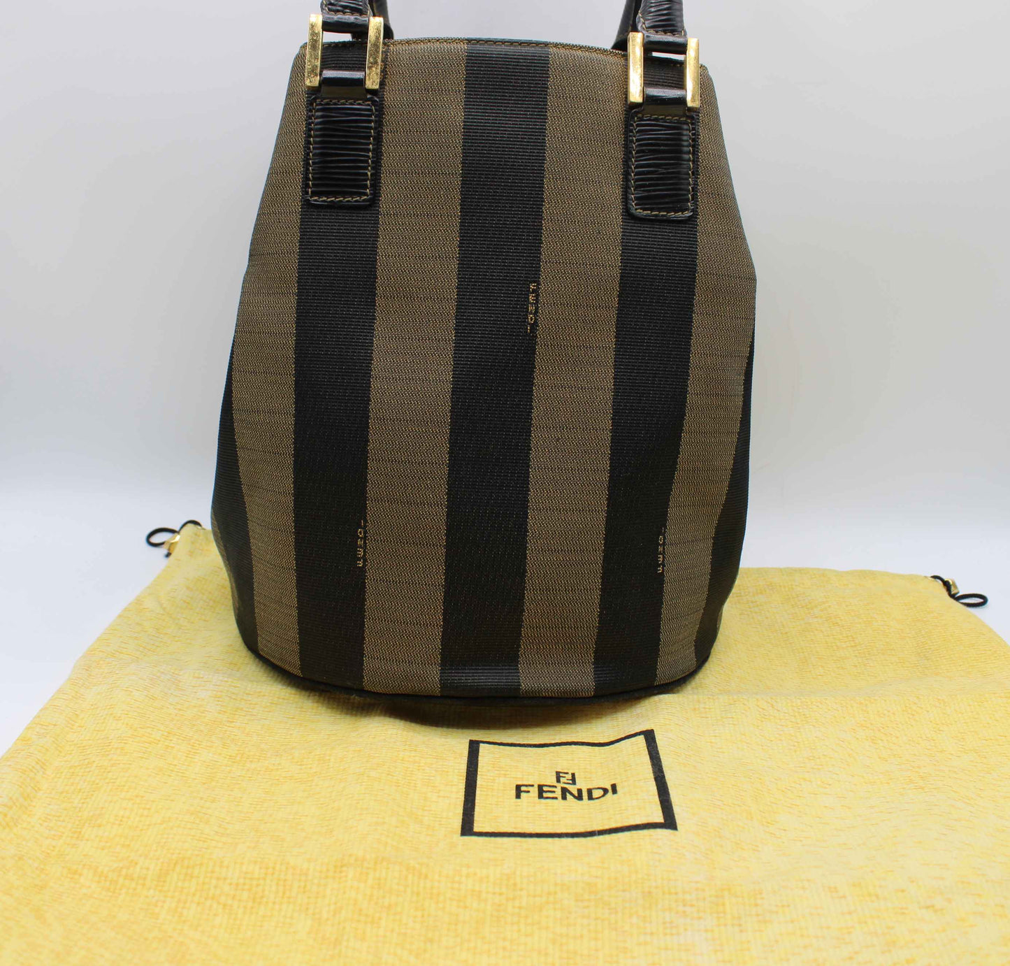 Fendi Brown Black Pequin Stripe Canvas Leather Tote Bag