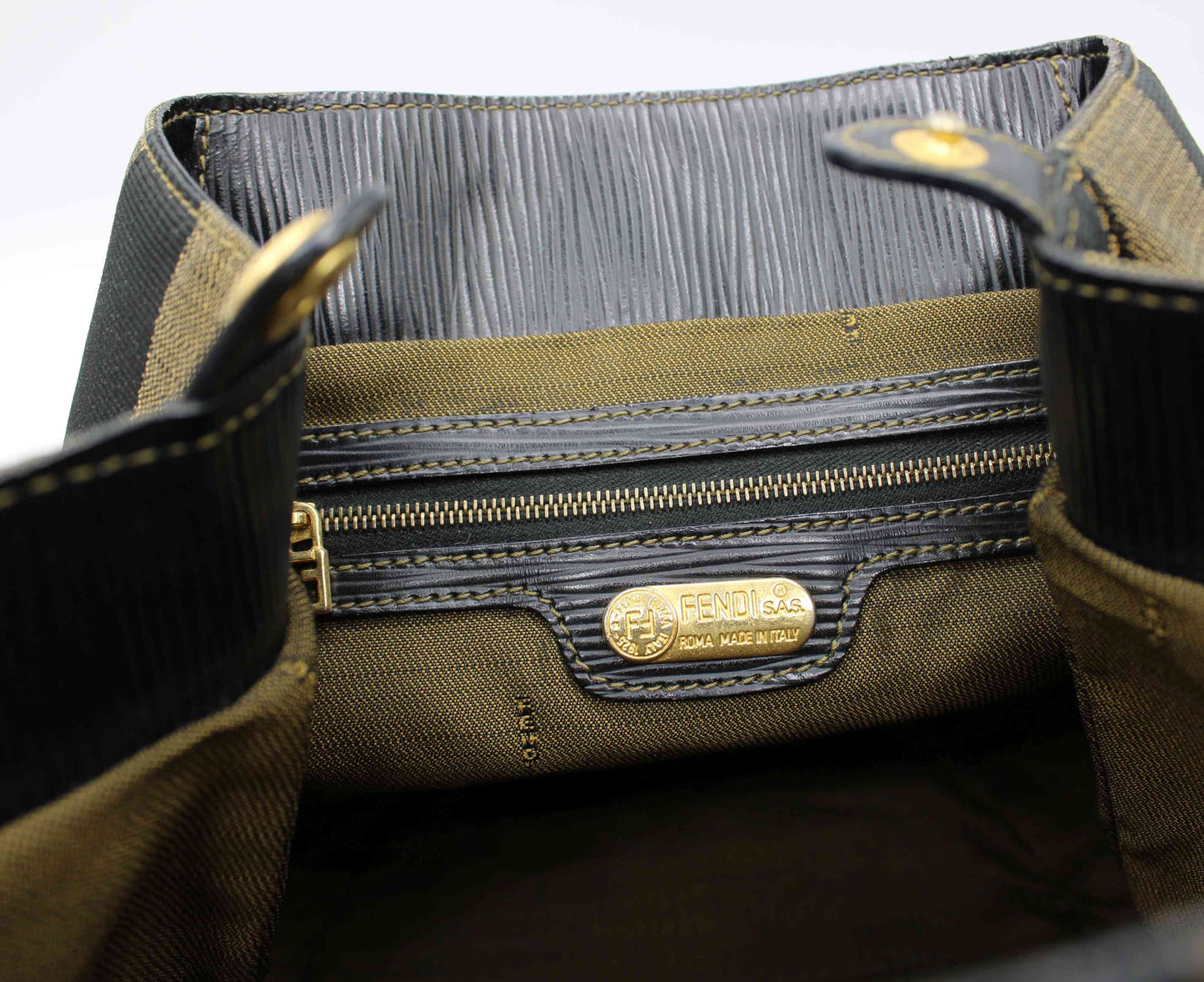 Fendi Brown Black Pequin Stripe Canvas Leather Tote Bag
