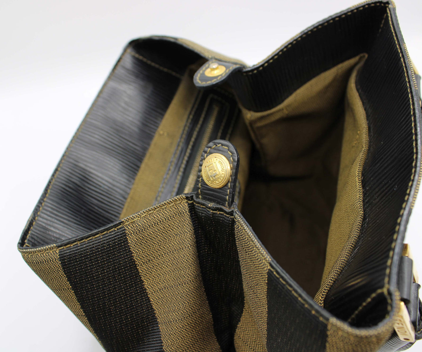 Fendi Brown Black Pequin Stripe Canvas Leather Tote Bag