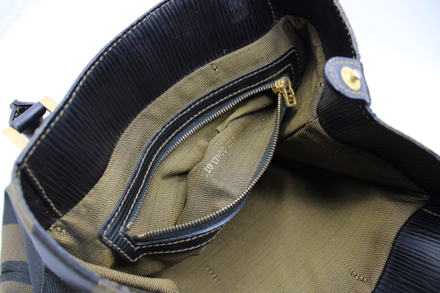Fendi Brown Black Pequin Stripe Canvas Leather Tote Bag