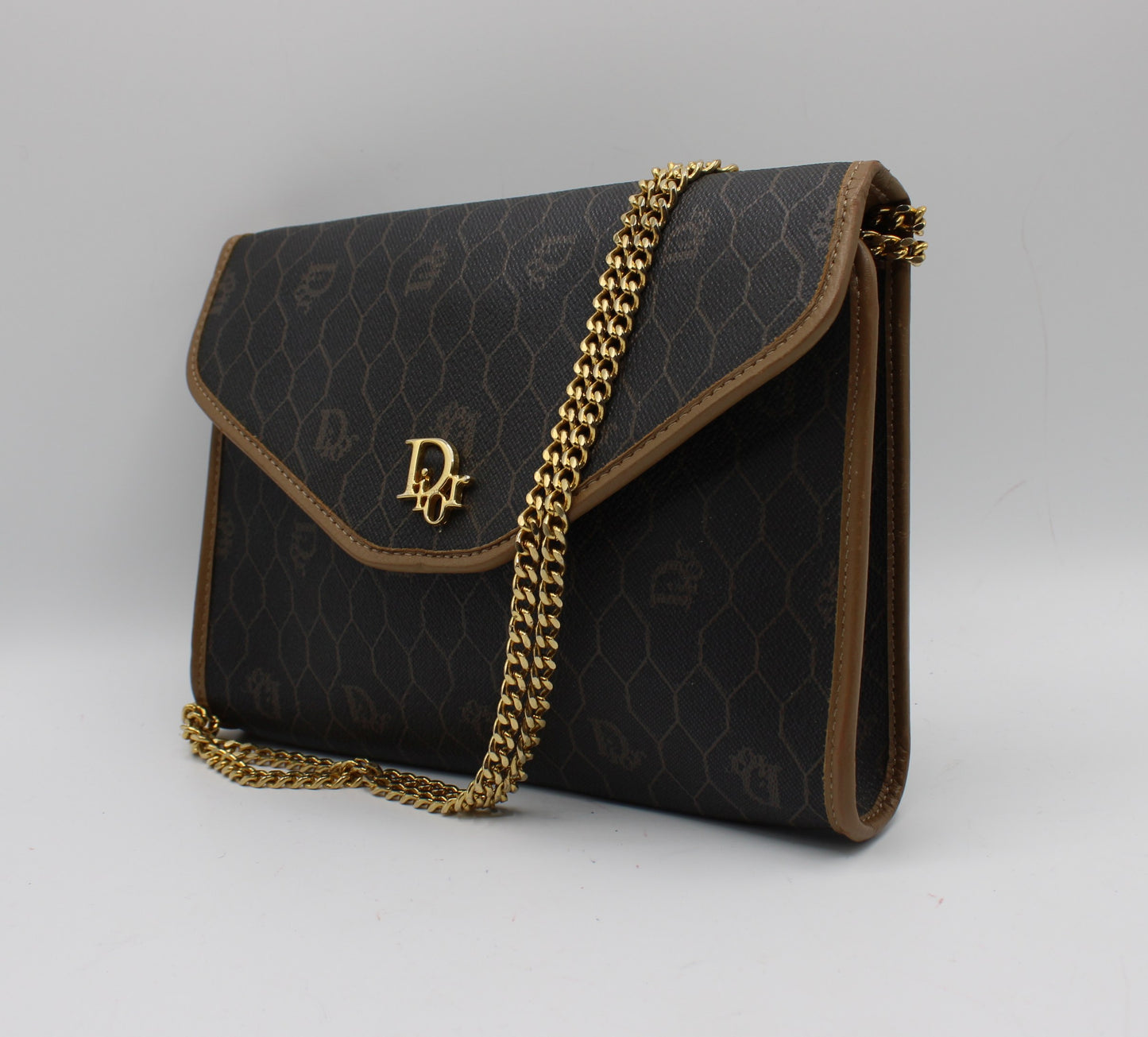 Christian Dior Brown Honeycomb Canvas Leather Chain Shoulder Bag