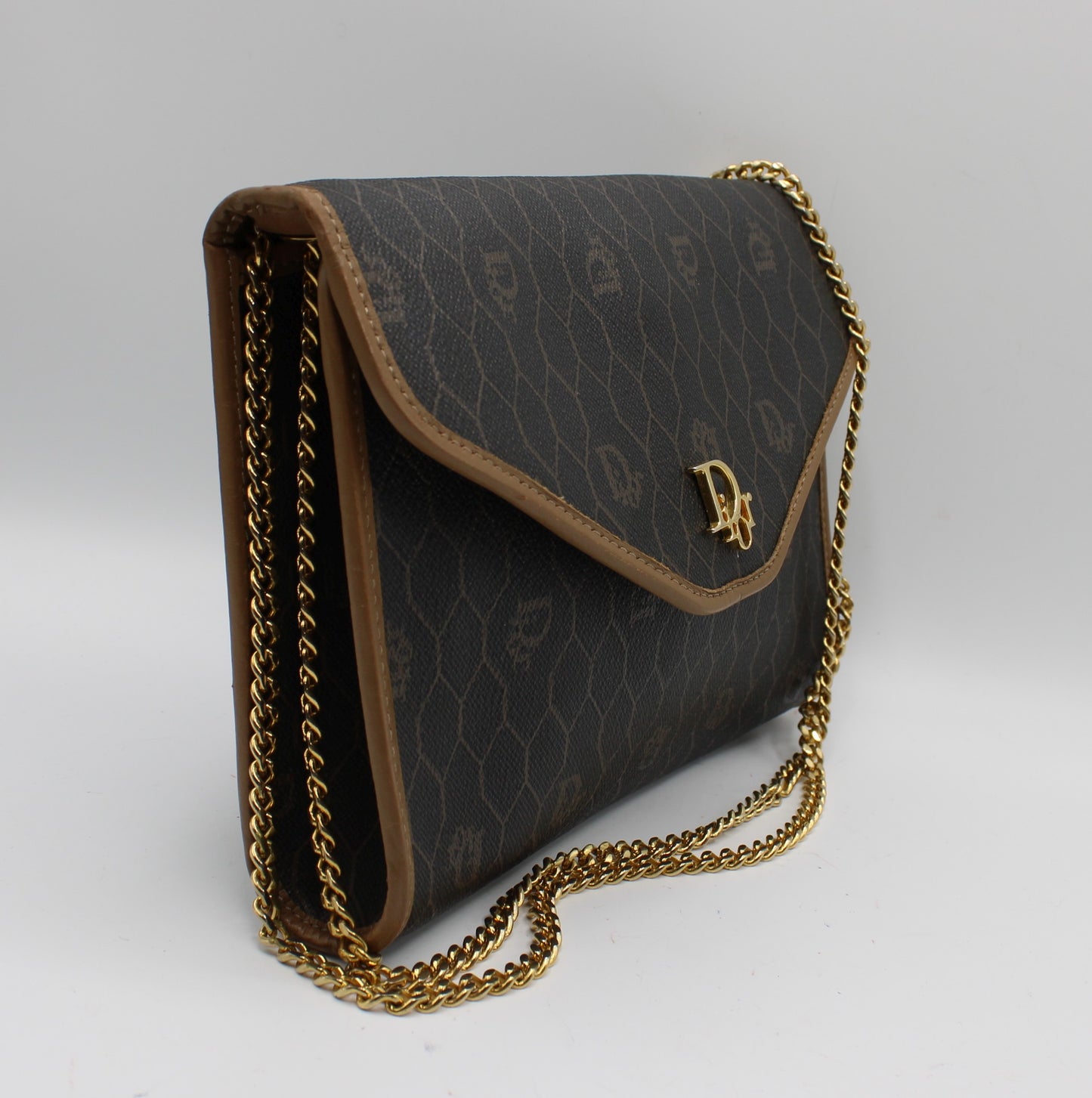 Christian Dior Brown Honeycomb Canvas Leather Chain Shoulder Bag