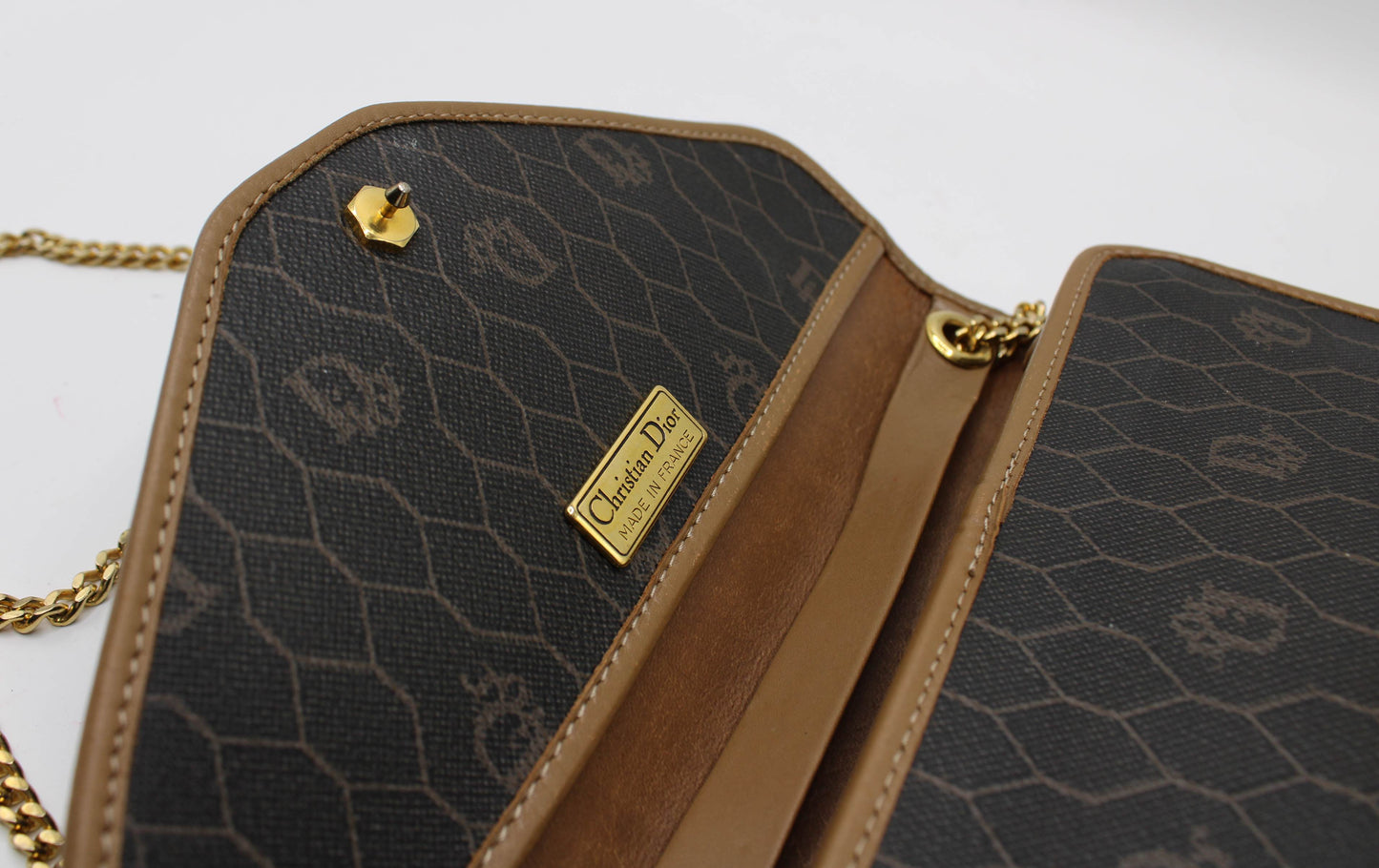 Christian Dior Brown Honeycomb Canvas Leather Chain Shoulder Bag