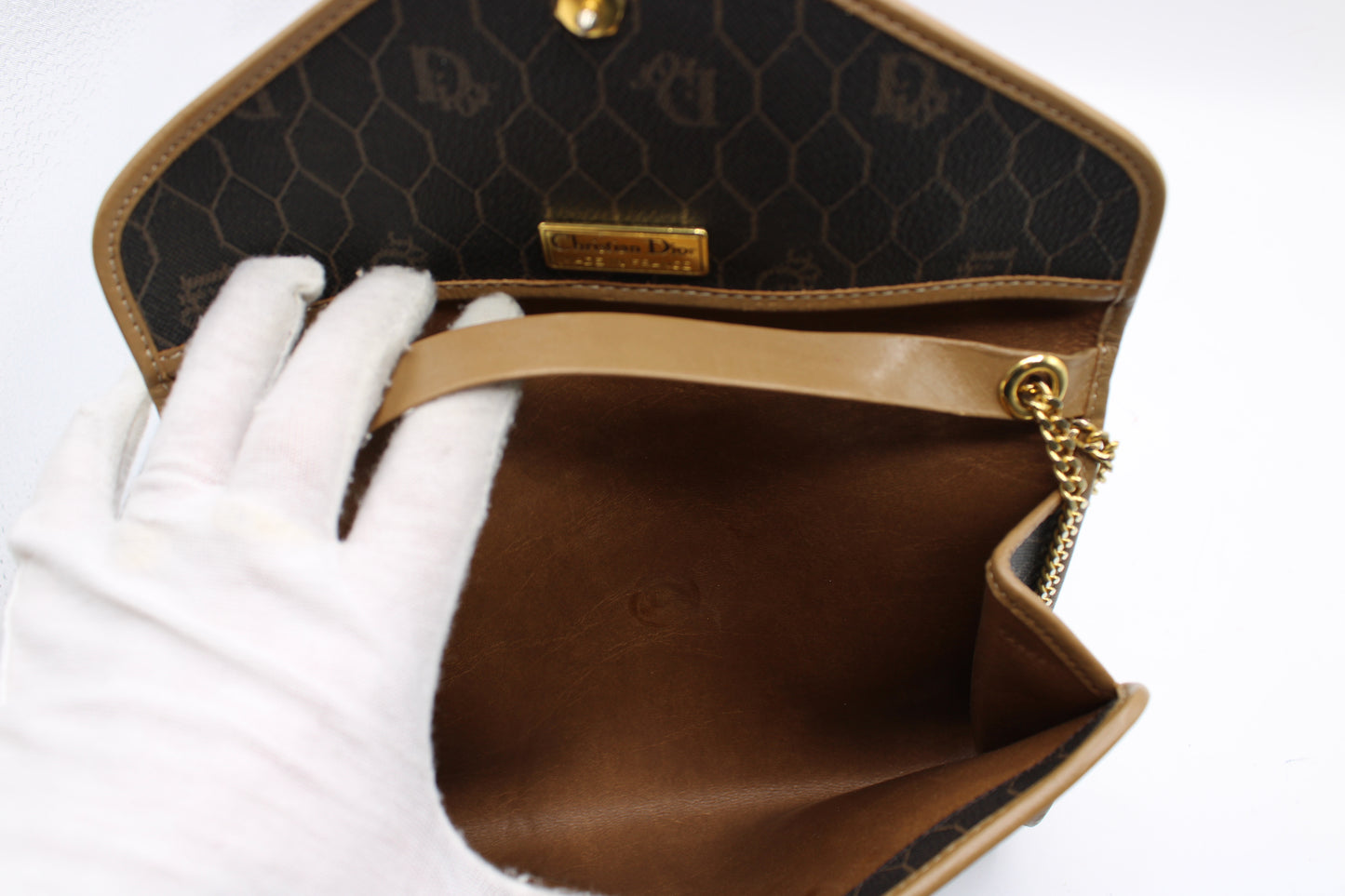Christian Dior Brown Honeycomb Canvas Leather Chain Shoulder Bag