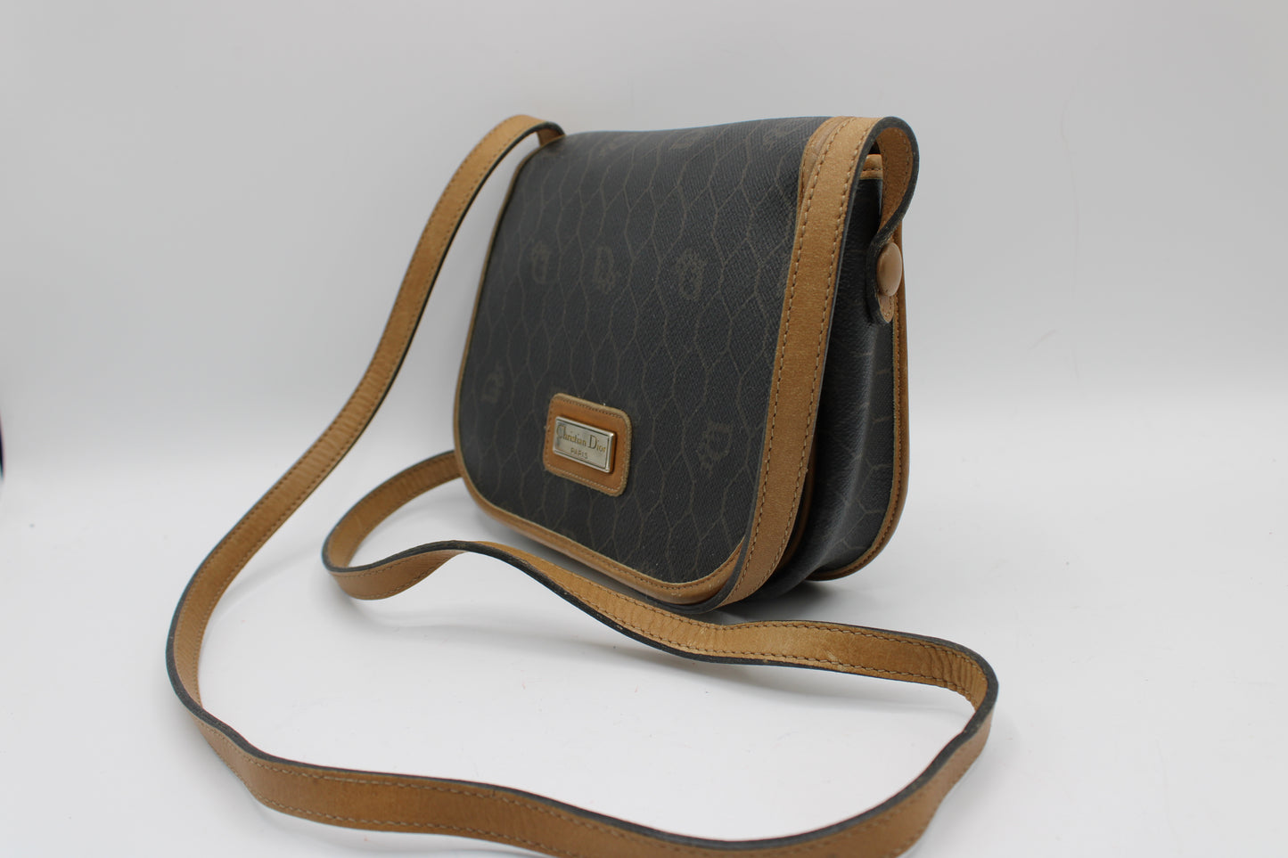 Christian Dior Brown Honeycomb Canvas Leather Crossbody Bag