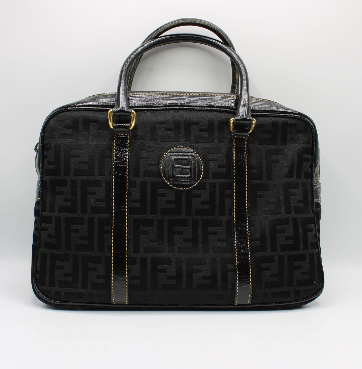 Fendi Black Zucca Canvas Leather Trim Boston Bag