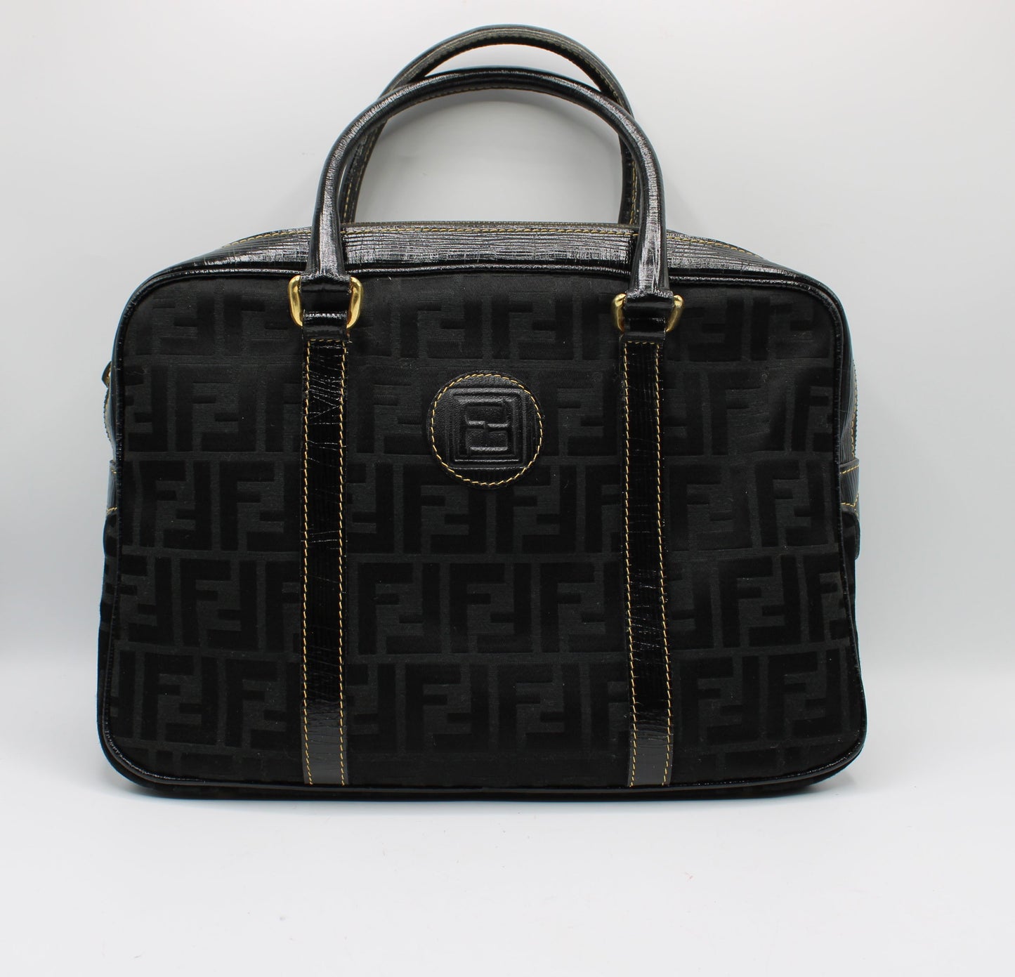 Fendi Black Zucca Canvas Leather Trim Boston Bag