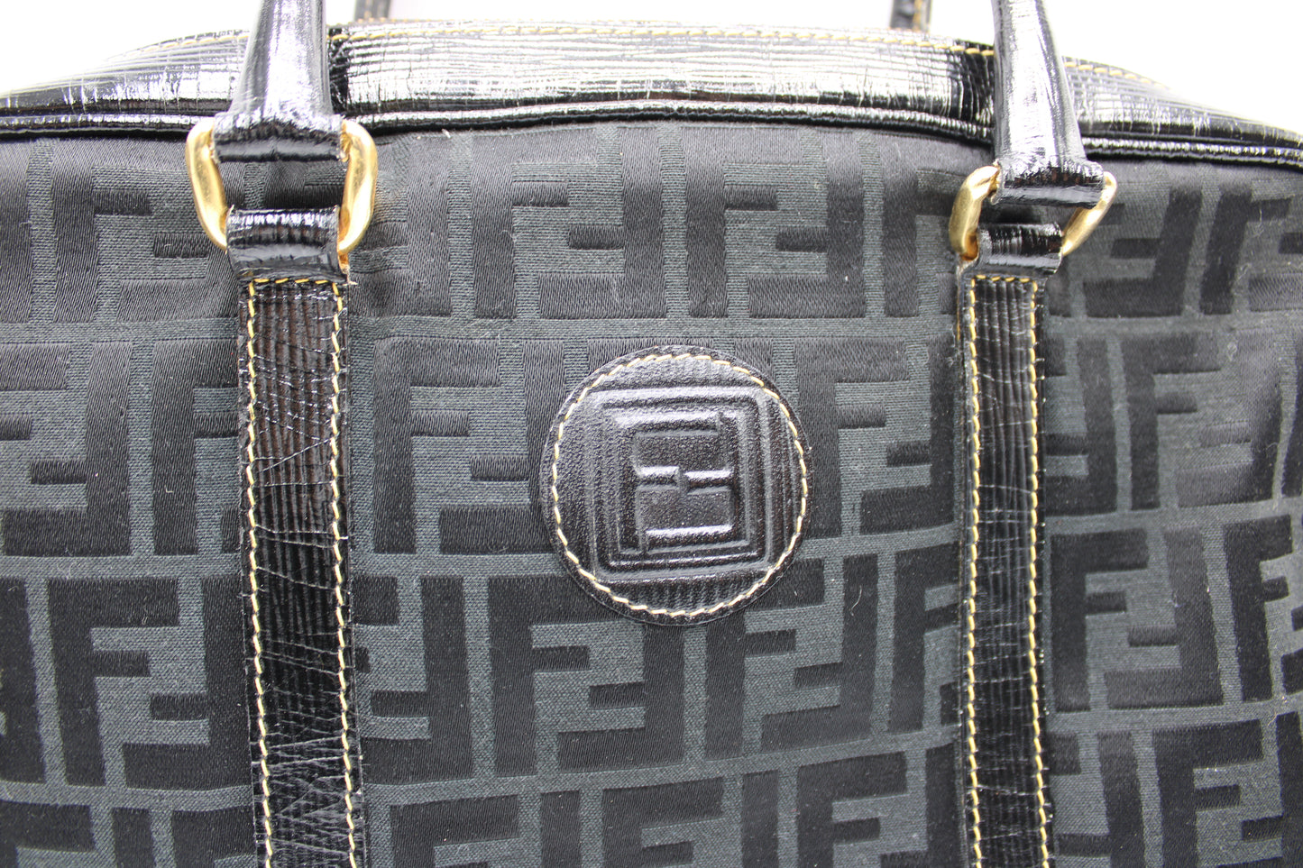 Fendi Black Zucca Canvas Leather Trim Boston Bag