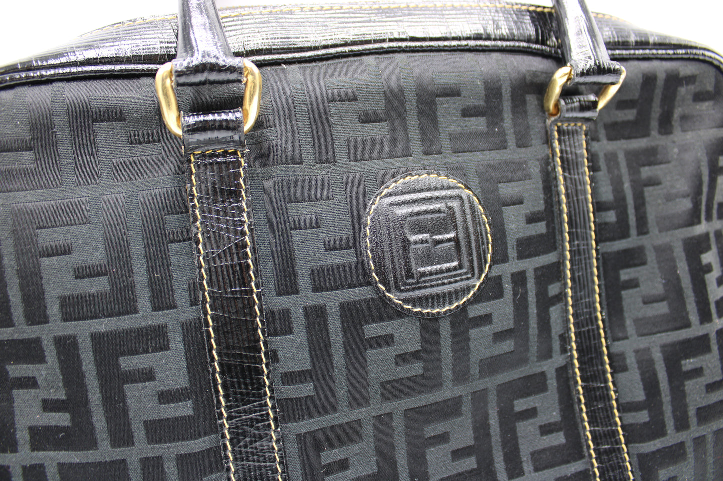 Fendi Black Zucca Canvas Leather Trim Boston Bag