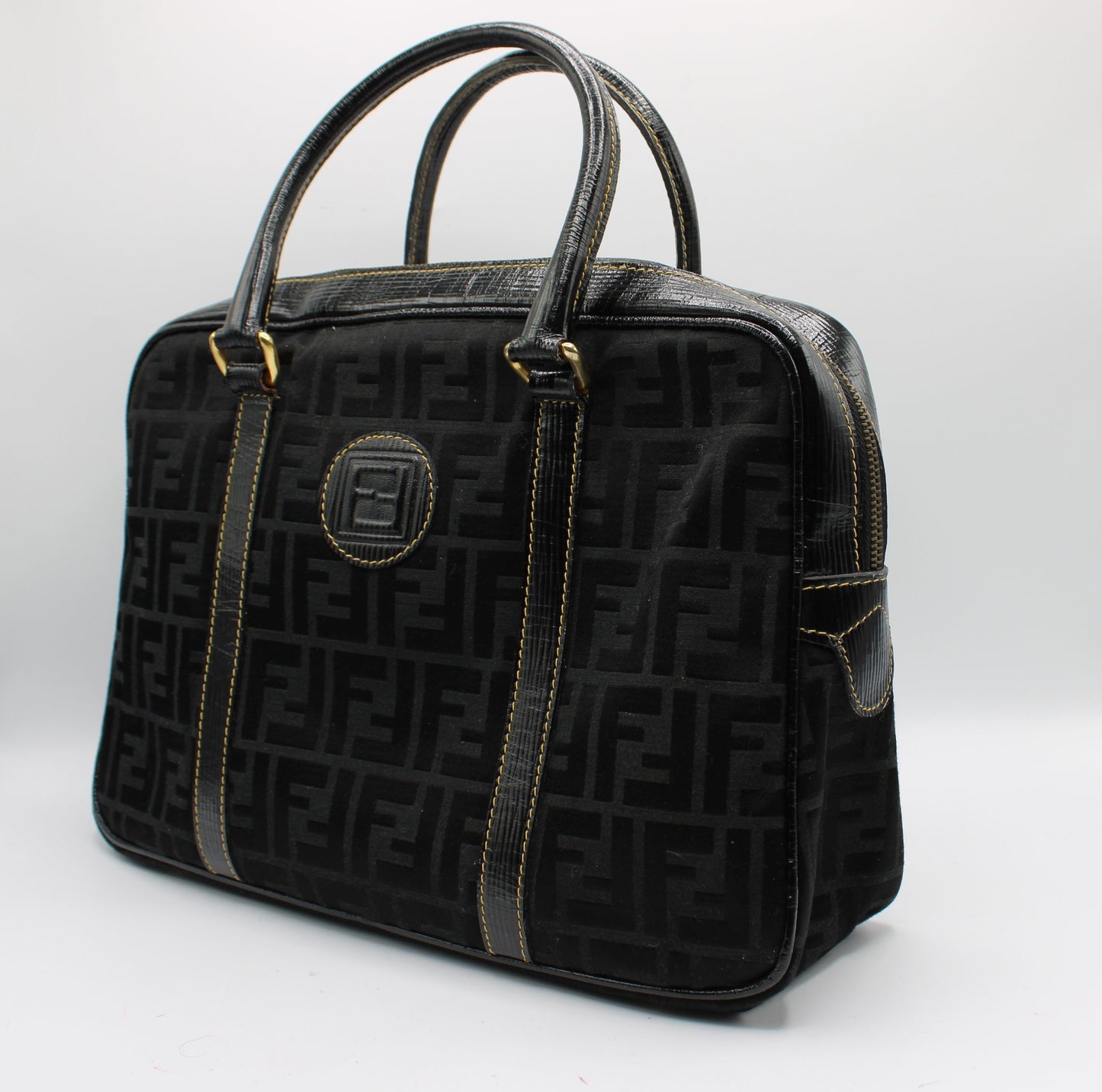 Fendi Black Zucca Canvas Leather Trim Boston Bag