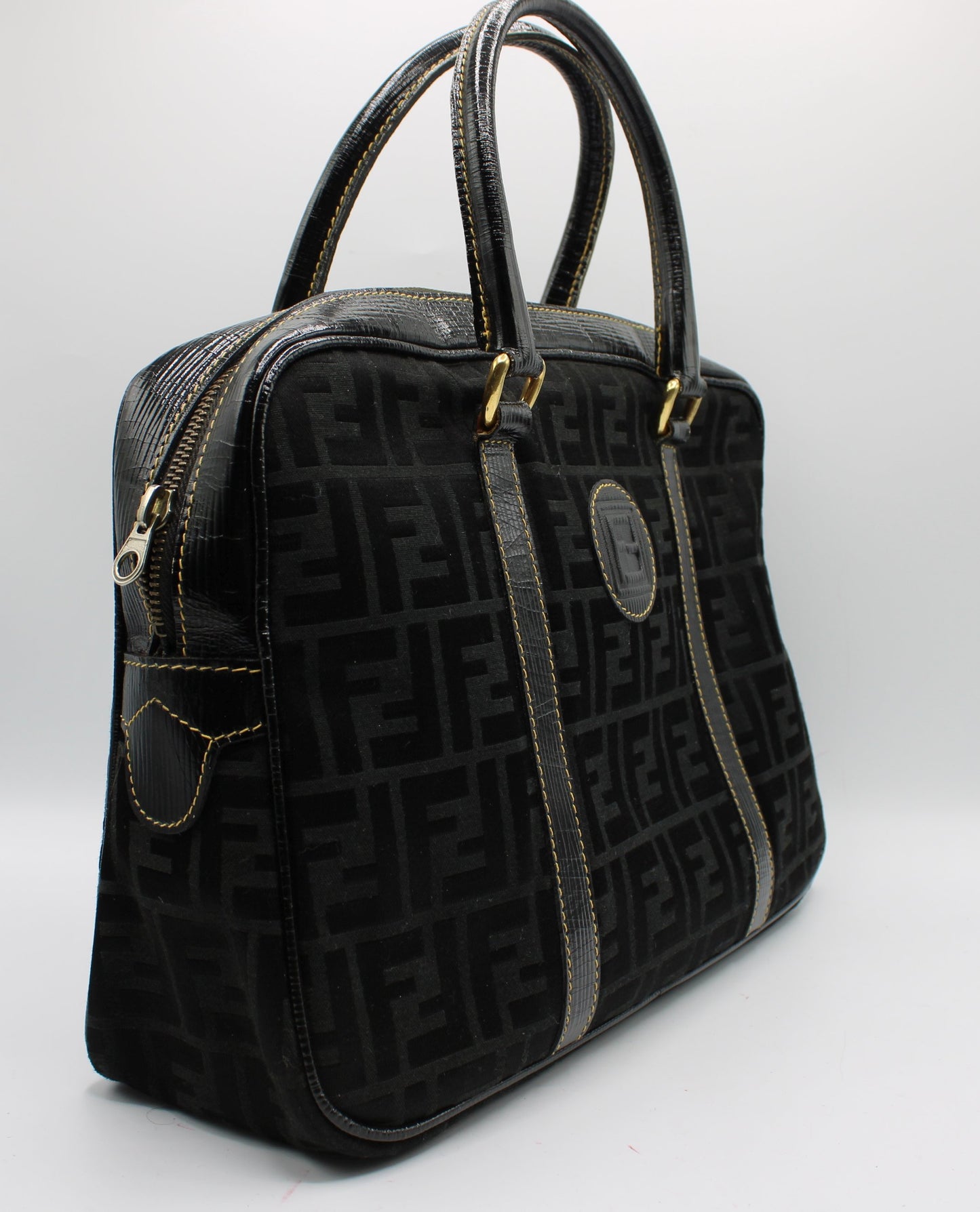 Fendi Black Zucca Canvas Leather Trim Boston Bag
