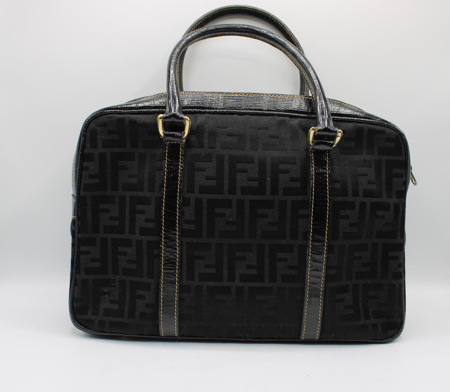 Fendi Black Zucca Canvas Leather Trim Boston Bag