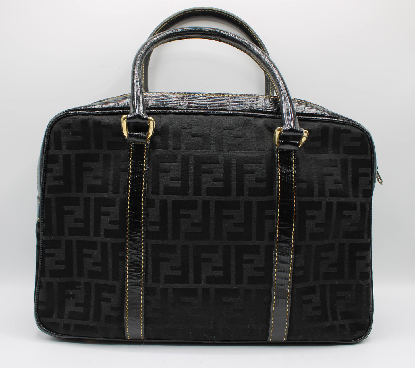 Fendi Black Zucca Canvas Leather Trim Boston Bag