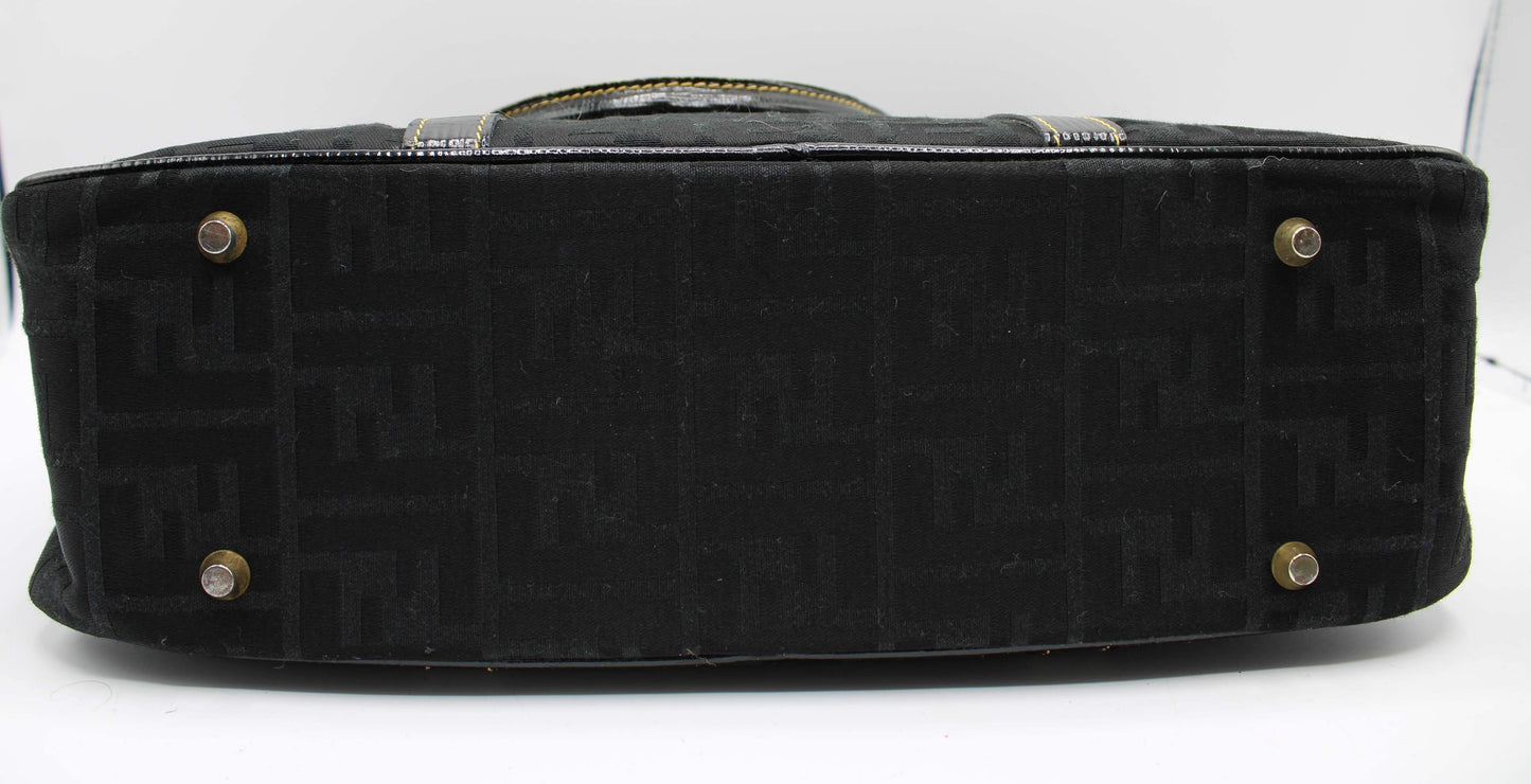 Fendi Black Zucca Canvas Leather Trim Boston Bag