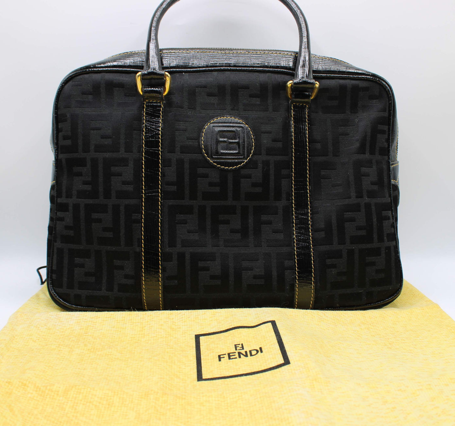 Fendi Black Zucca Canvas Leather Trim Boston Bag