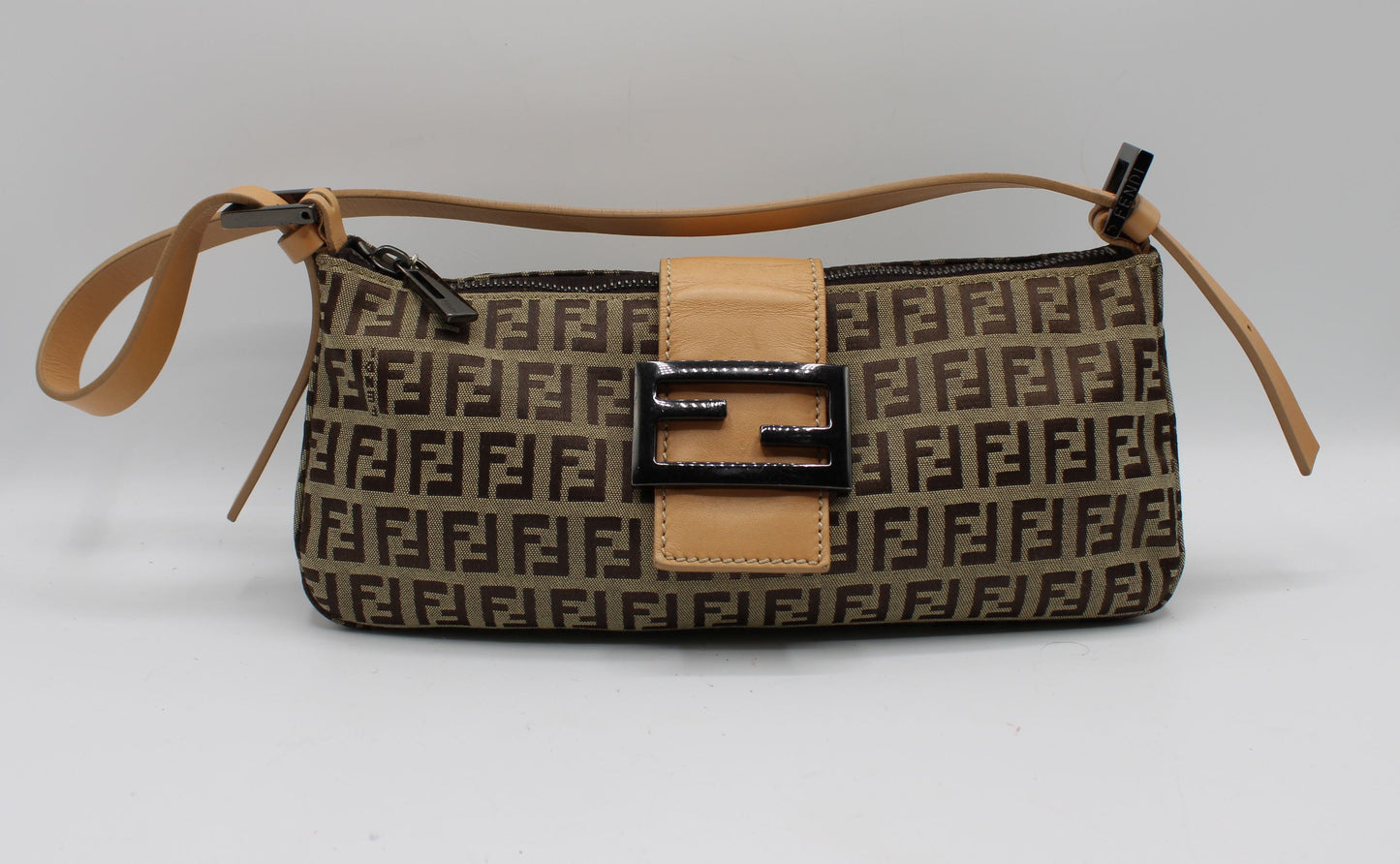 Fendi Beige Zucca Canvas Leather Baguette Shoulder Bag