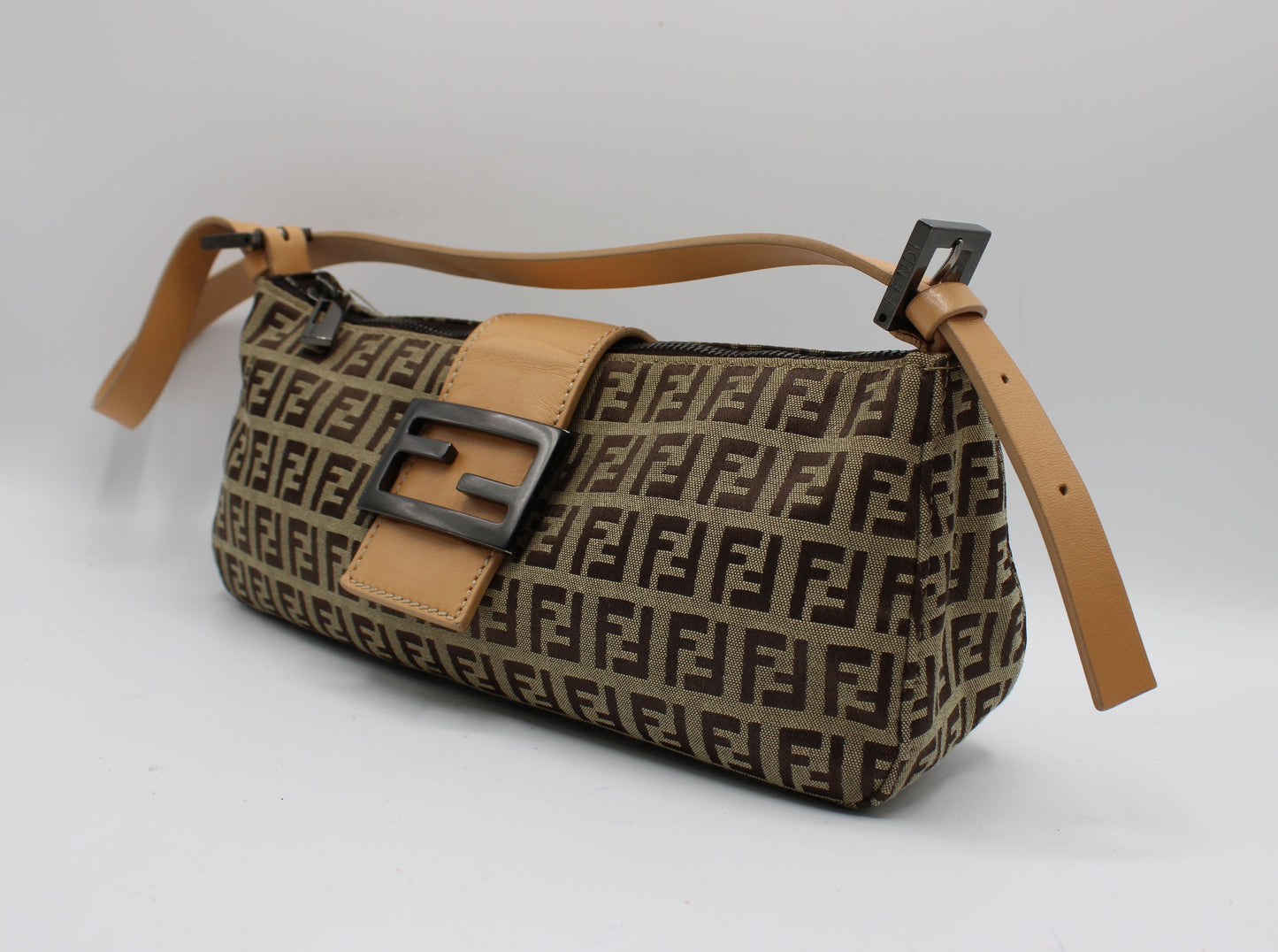 Fendi Beige Zucca Canvas Leather Baguette Shoulder Bag