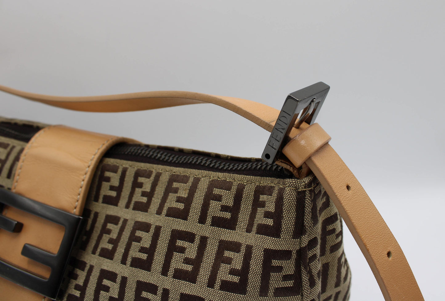 Fendi Beige Zucca Canvas Leather Baguette Shoulder Bag